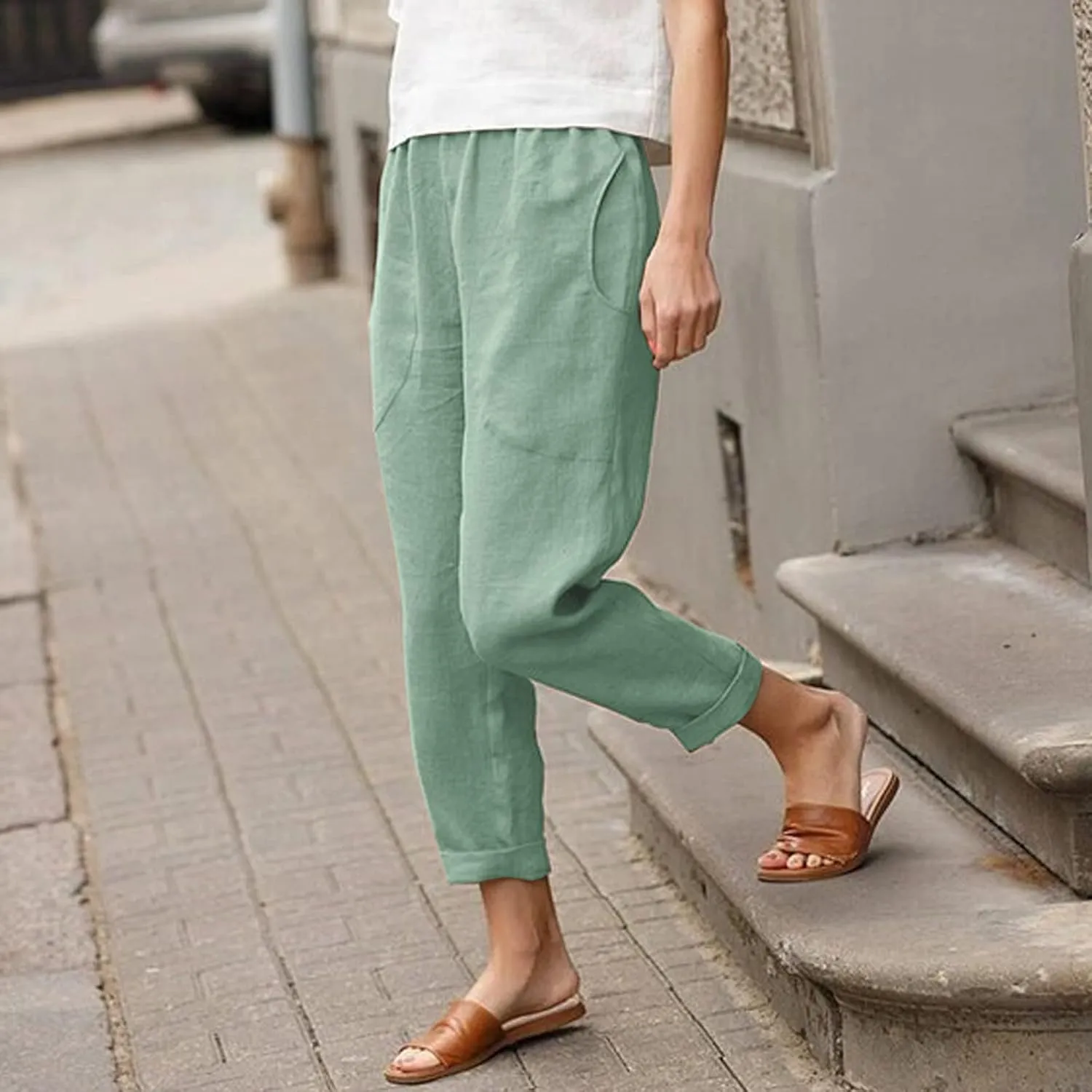 Linen Pants Women Summer Capri Pants with Pockets Wide Leg Ankle Cropped Pants for Women Women High Waisted Wide Leg