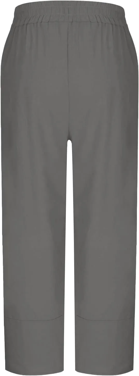 Linen Pants Women Vacation Boho Pants Drawstring Waist Linen Pants Summer Loose Fit Capri Pants Solid Trendy Trousers