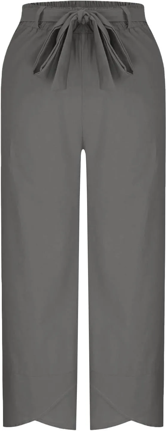 Linen Pants Women Vacation Boho Pants Drawstring Waist Linen Pants Summer Loose Fit Capri Pants Solid Trendy Trousers