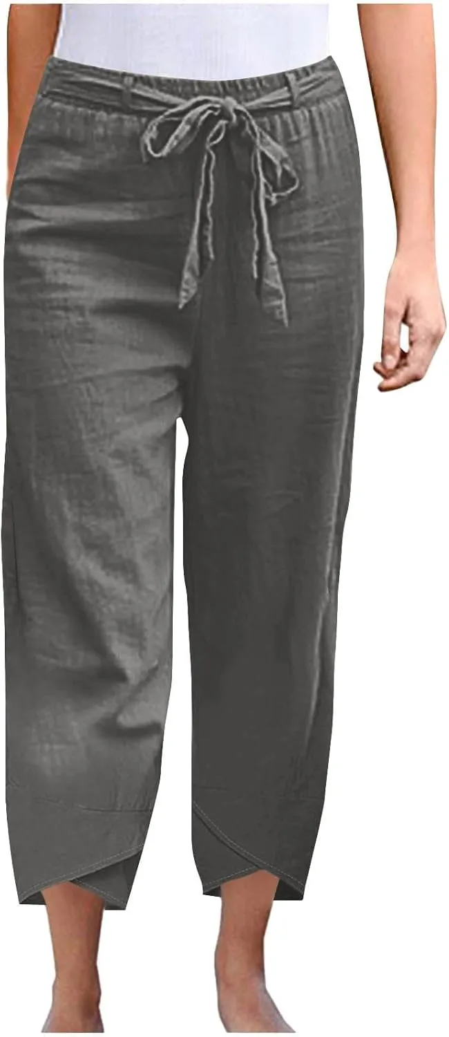 Linen Pants Women Vacation Boho Pants Drawstring Waist Linen Pants Summer Loose Fit Capri Pants Solid Trendy Trousers