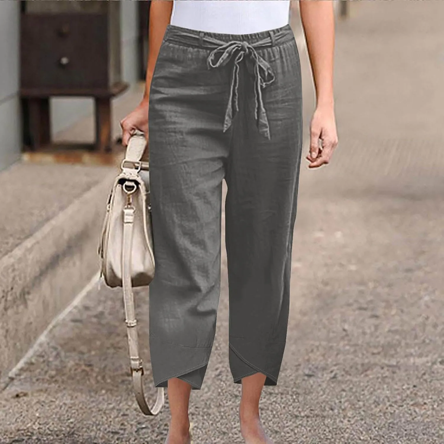Linen Pants Women Vacation Boho Pants Drawstring Waist Linen Pants Summer Loose Fit Capri Pants Solid Trendy Trousers