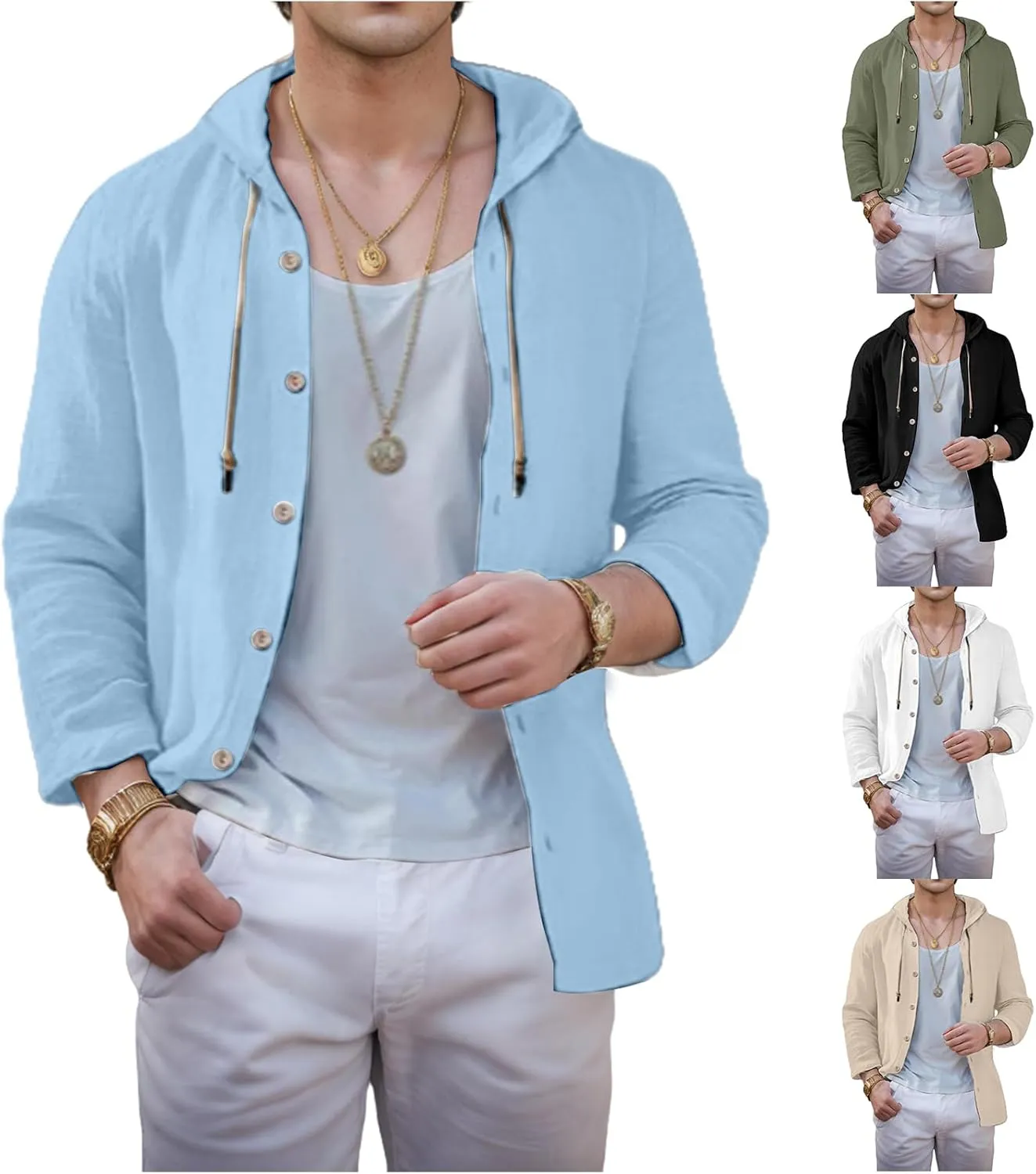 Linen Shirts for Men with Hood Casual Button Shirts Long Sleeve Shirts Cotton Linen Hoodie Summer Beach Shirts Tops