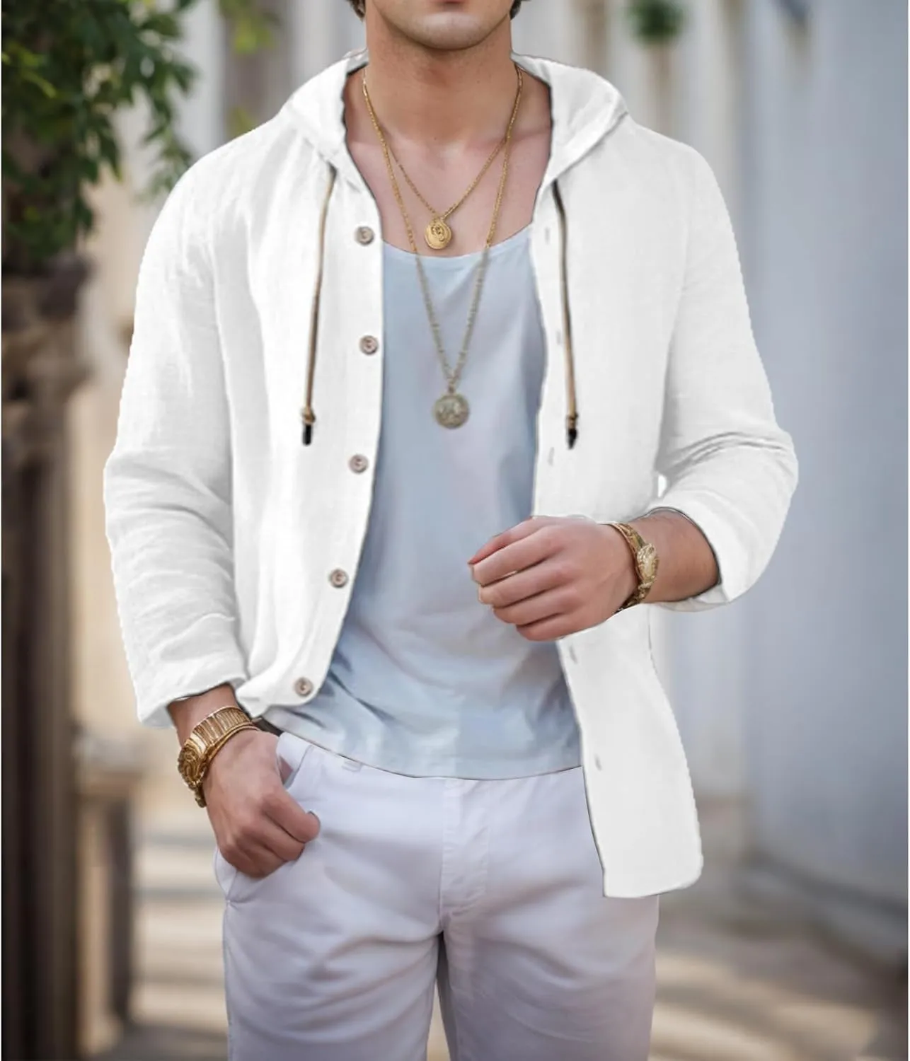 Linen Shirts for Men with Hood Casual Button Shirts Long Sleeve Shirts Cotton Linen Hoodie Summer Beach Shirts Tops