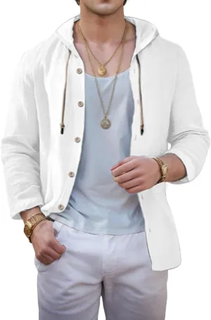 Linen Shirts for Men with Hood Casual Button Shirts Long Sleeve Shirts Cotton Linen Hoodie Summer Beach Shirts Tops