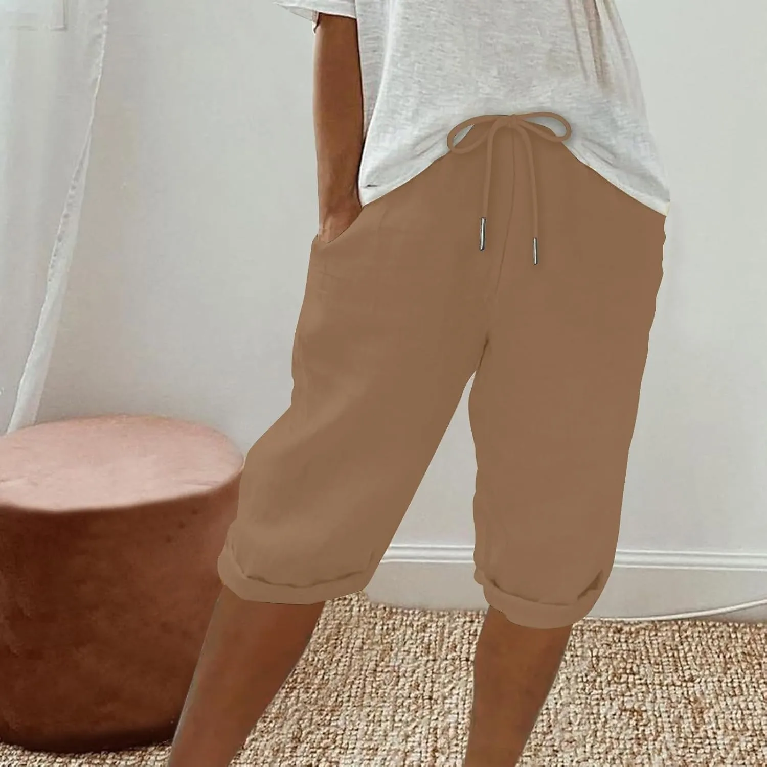 Linen Shorts for Women Knee Length Bermuda Shorts Drawstring Elastic Waist Shorts Casual Athletic Shorts Beach Shorts