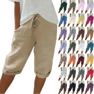 Linen Shorts for Women Knee Length Bermuda Shorts Drawstring Elastic Waist Shorts Casual Athletic Shorts Beach Shorts