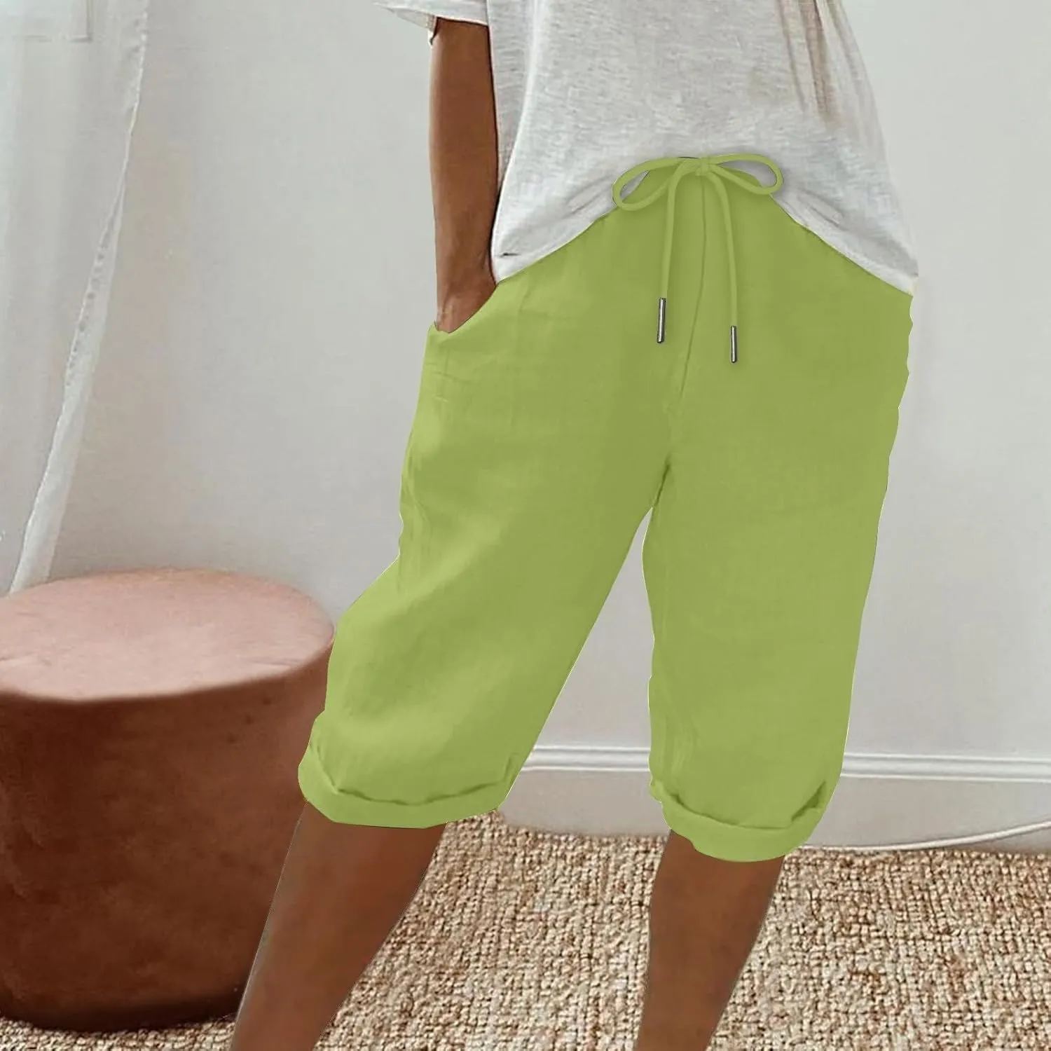 Linen Shorts for Women Knee Length Bermuda Shorts Drawstring Elastic Waist Shorts Casual Athletic Shorts Beach Shorts