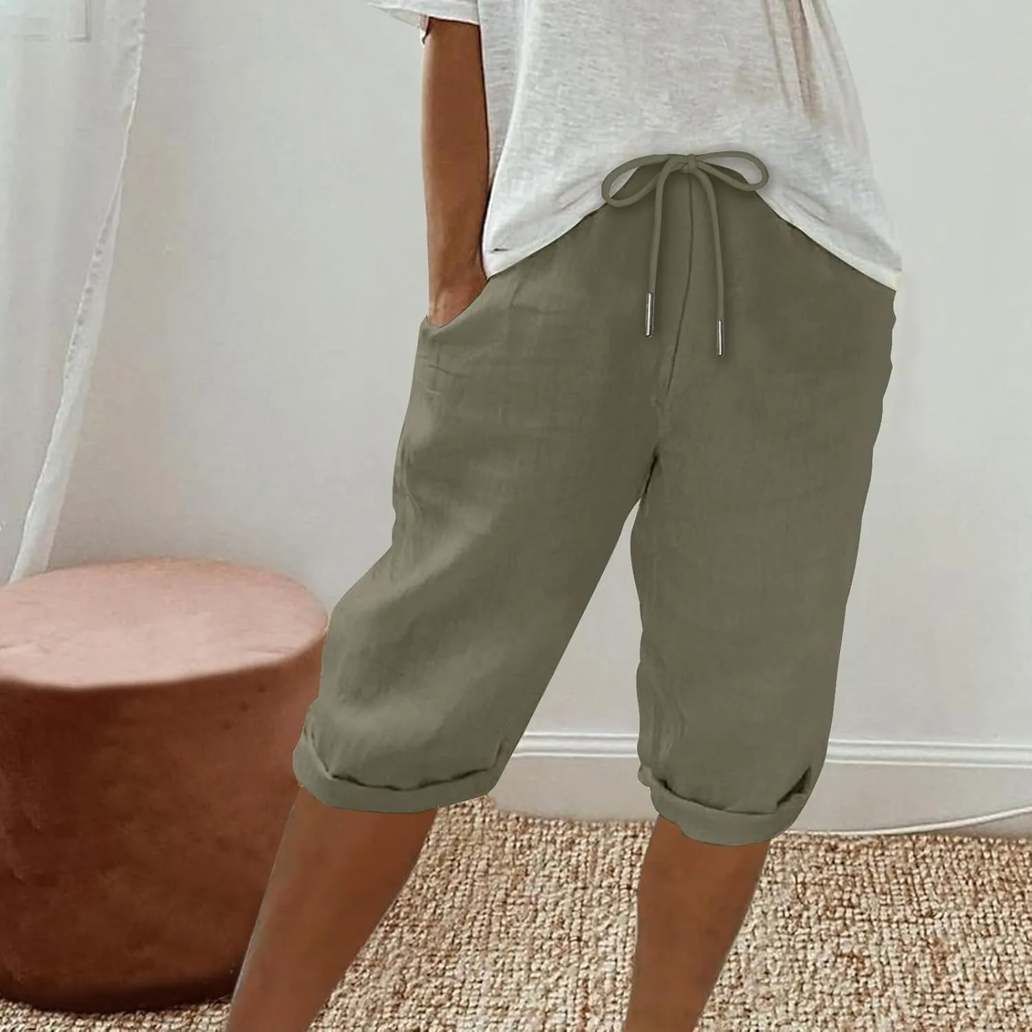 Linen Shorts for Women Knee Length Bermuda Shorts Drawstring Elastic Waist Shorts Casual Athletic Shorts Beach Shorts