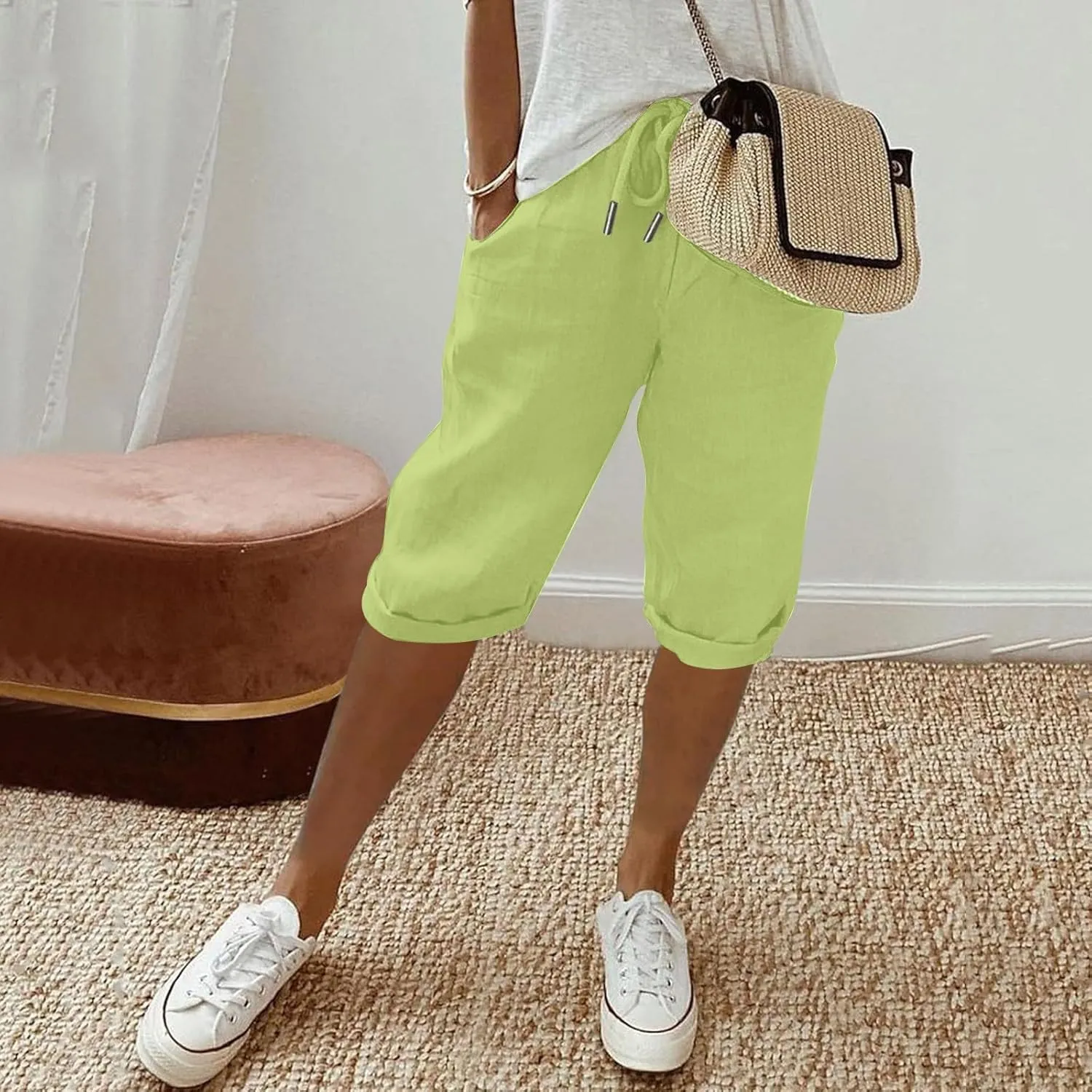 Linen Shorts for Women Knee Length Bermuda Shorts Drawstring Elastic Waist Shorts Casual Athletic Shorts Beach Shorts