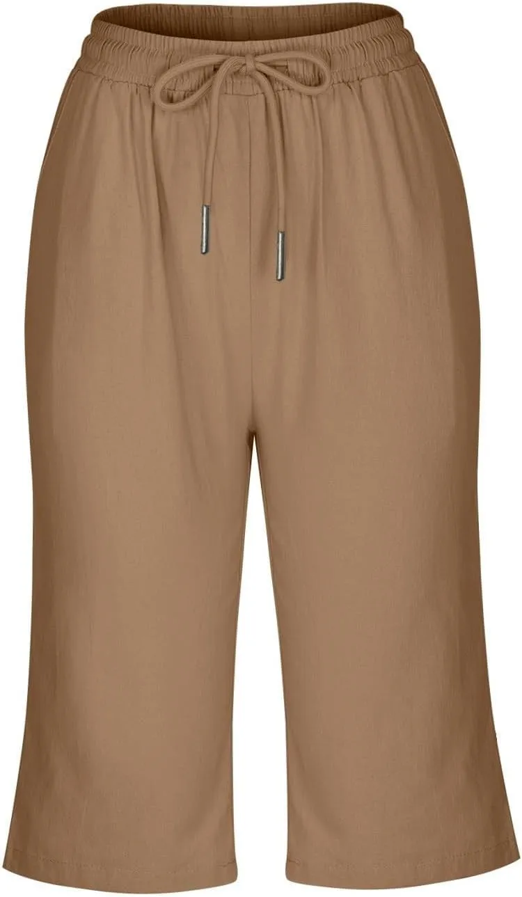 Linen Shorts for Women Knee Length Bermuda Shorts Drawstring Elastic Waist Shorts Casual Athletic Shorts Beach Shorts