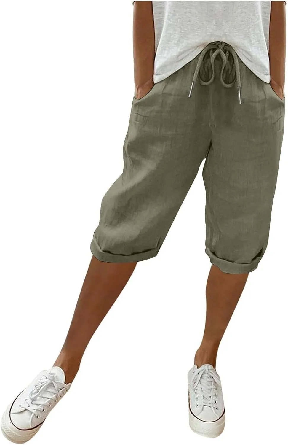 Linen Shorts for Women Knee Length Bermuda Shorts Drawstring Elastic Waist Shorts Casual Athletic Shorts Beach Shorts