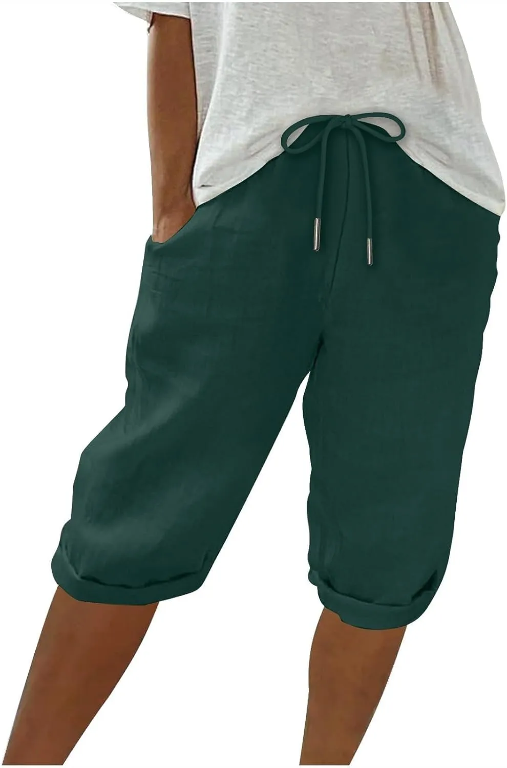 Linen Shorts for Women Knee Length Bermuda Shorts Drawstring Elastic Waist Shorts Casual Athletic Shorts Beach Shorts