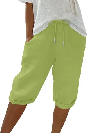 Linen Shorts for Women Knee Length Bermuda Shorts Drawstring Elastic Waist Shorts Casual Athletic Shorts Beach Shorts
