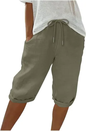 Linen Shorts for Women Knee Length Bermuda Shorts Drawstring Elastic Waist Shorts Casual Athletic Shorts Beach Shorts