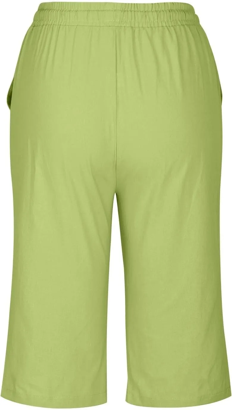 Linen Shorts for Women Knee Length Bermuda Shorts Drawstring Elastic Waist Shorts Casual Athletic Shorts Beach Shorts