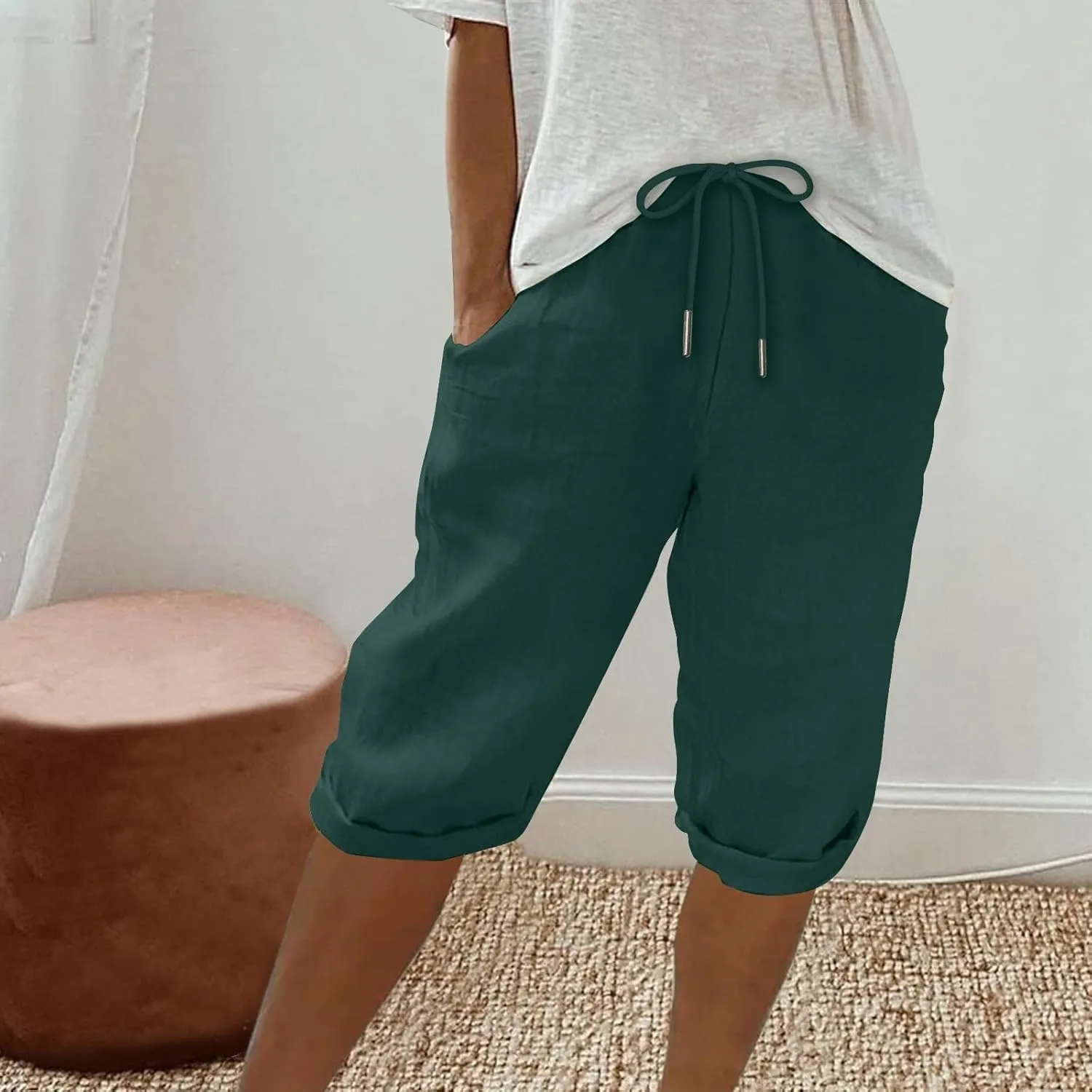 Linen Shorts for Women Knee Length Bermuda Shorts Drawstring Elastic Waist Shorts Casual Athletic Shorts Beach Shorts
