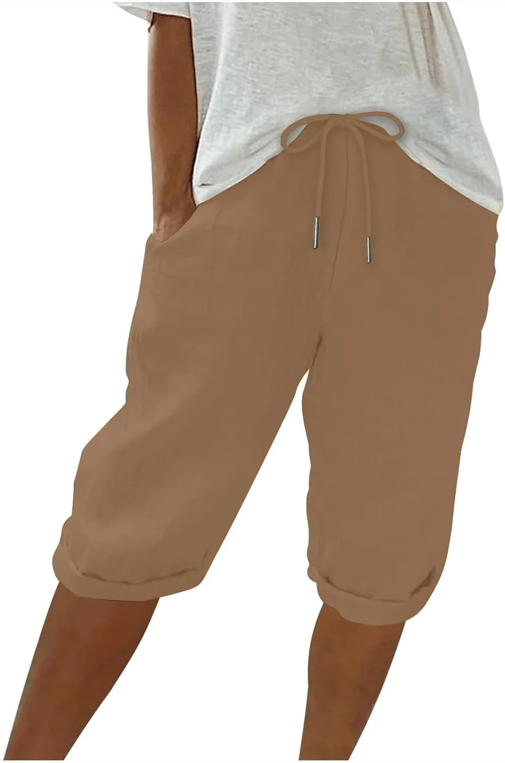 Linen Shorts for Women Knee Length Bermuda Shorts Drawstring Elastic Waist Shorts Casual Athletic Shorts Beach Shorts