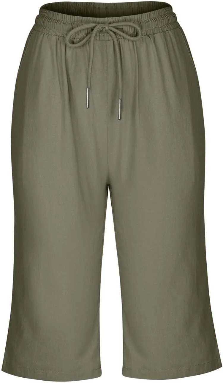 Linen Shorts for Women Knee Length Bermuda Shorts Drawstring Elastic Waist Shorts Casual Athletic Shorts Beach Shorts