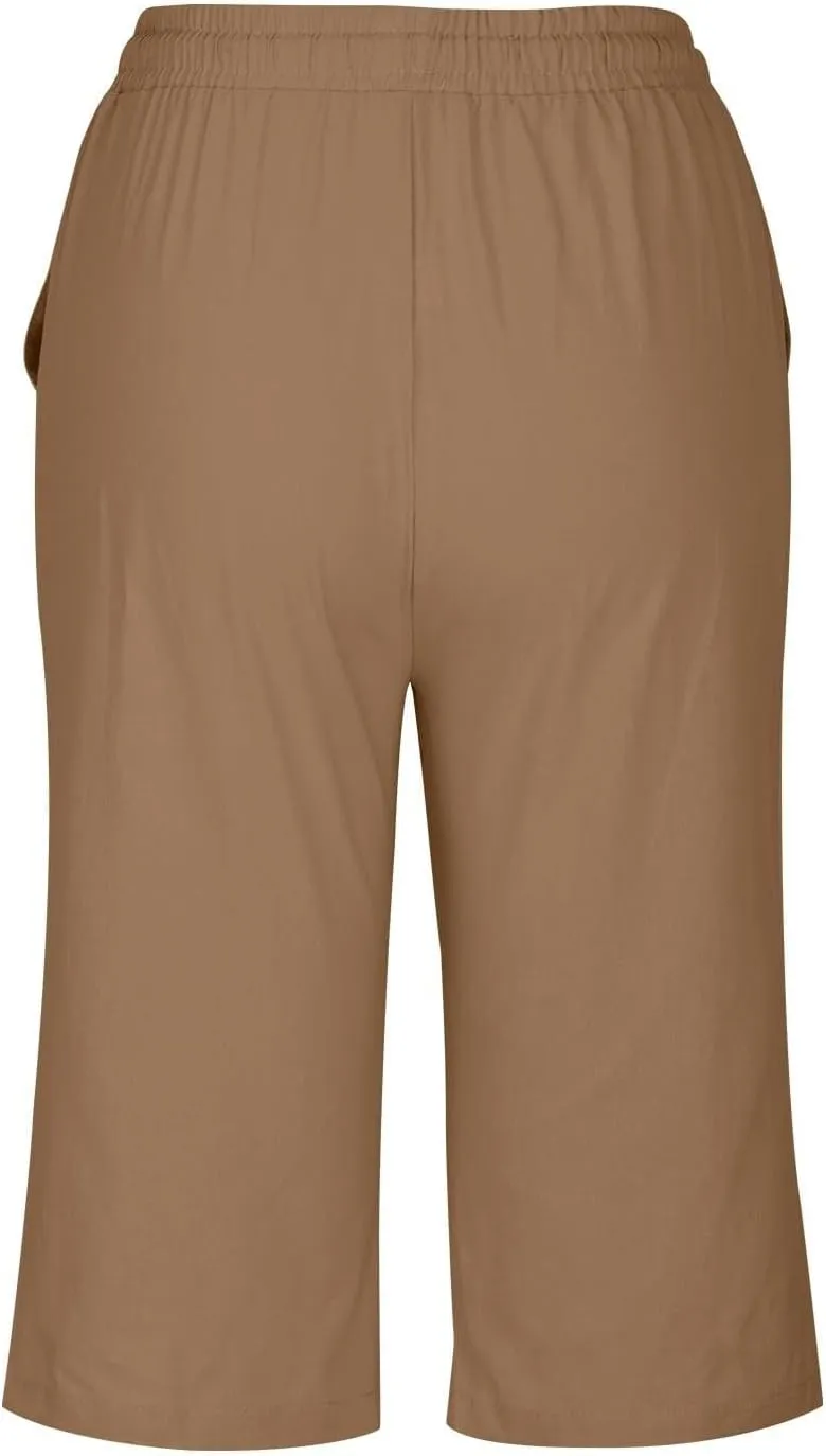 Linen Shorts for Women Knee Length Bermuda Shorts Drawstring Elastic Waist Shorts Casual Athletic Shorts Beach Shorts