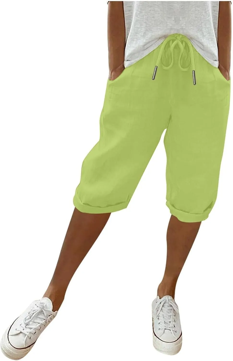 Linen Shorts for Women Knee Length Bermuda Shorts Drawstring Elastic Waist Shorts Casual Athletic Shorts Beach Shorts