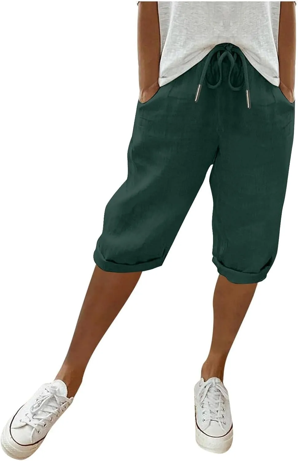 Linen Shorts for Women Knee Length Bermuda Shorts Drawstring Elastic Waist Shorts Casual Athletic Shorts Beach Shorts