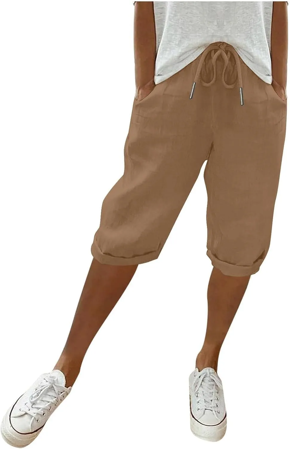 Linen Shorts for Women Knee Length Bermuda Shorts Drawstring Elastic Waist Shorts Casual Athletic Shorts Beach Shorts