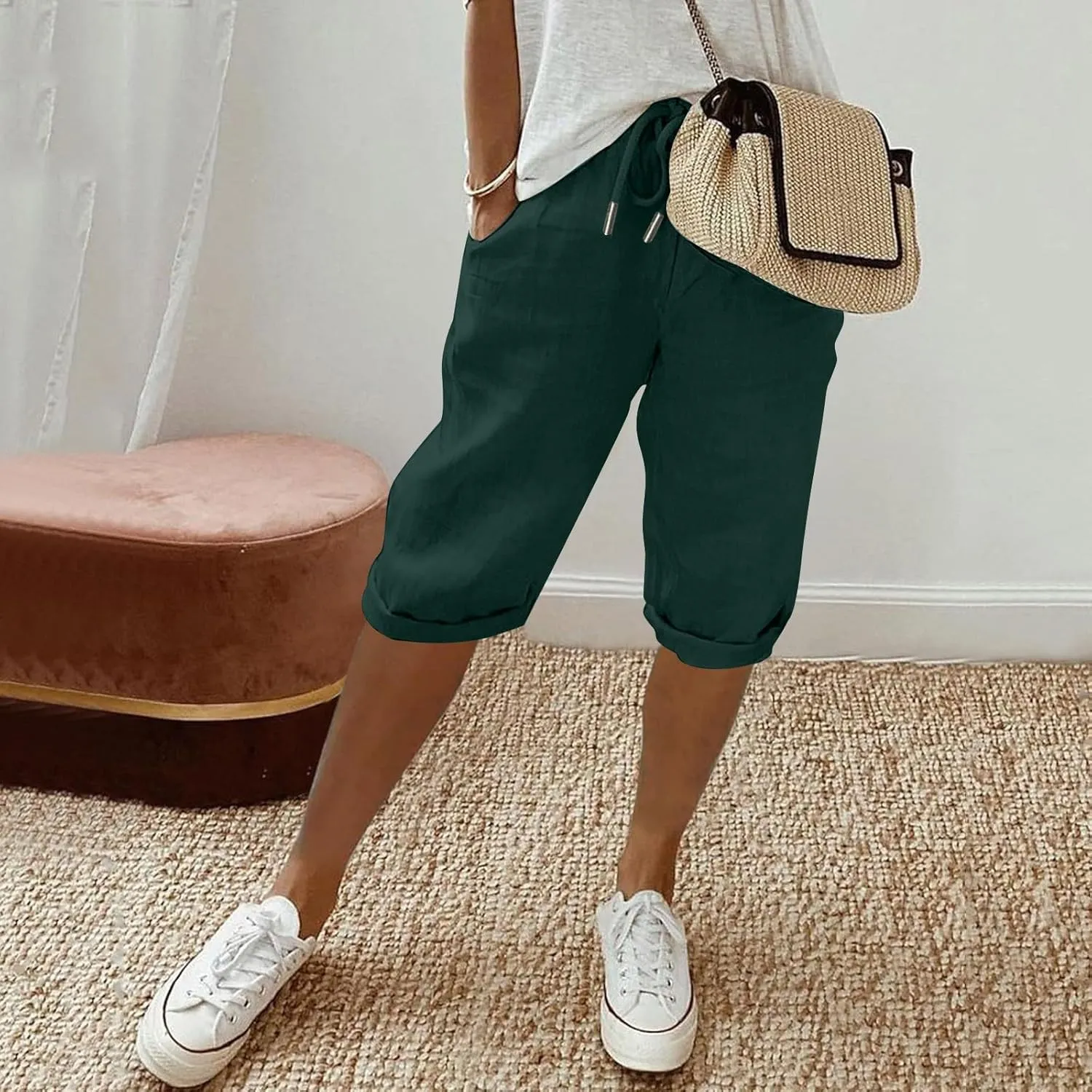 Linen Shorts for Women Knee Length Bermuda Shorts Drawstring Elastic Waist Shorts Casual Athletic Shorts Beach Shorts