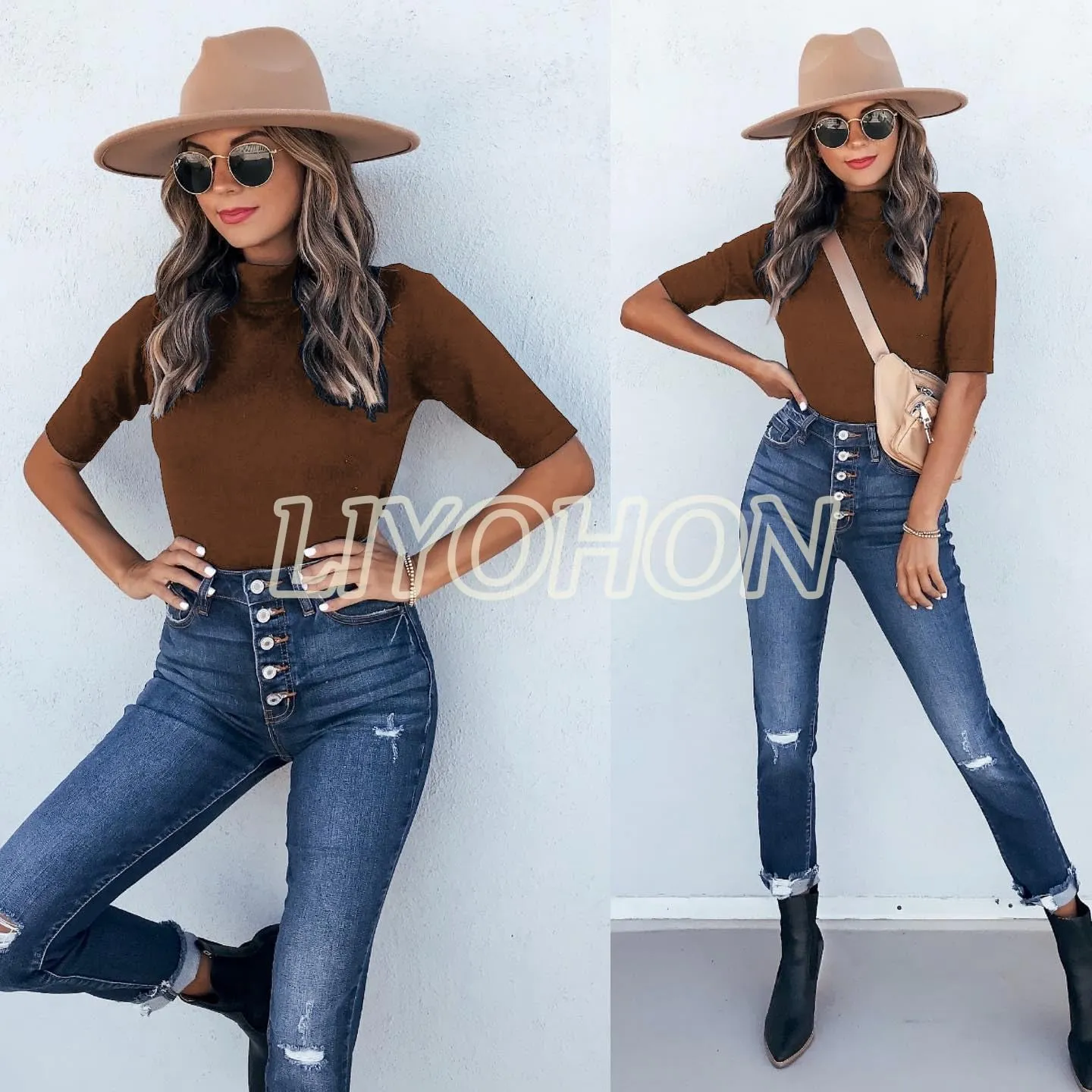 LIYOHON Womens Tops Dressy Casual Mock Turtleneck Business Short Sleeve T Shirts Going Out Tops 2025