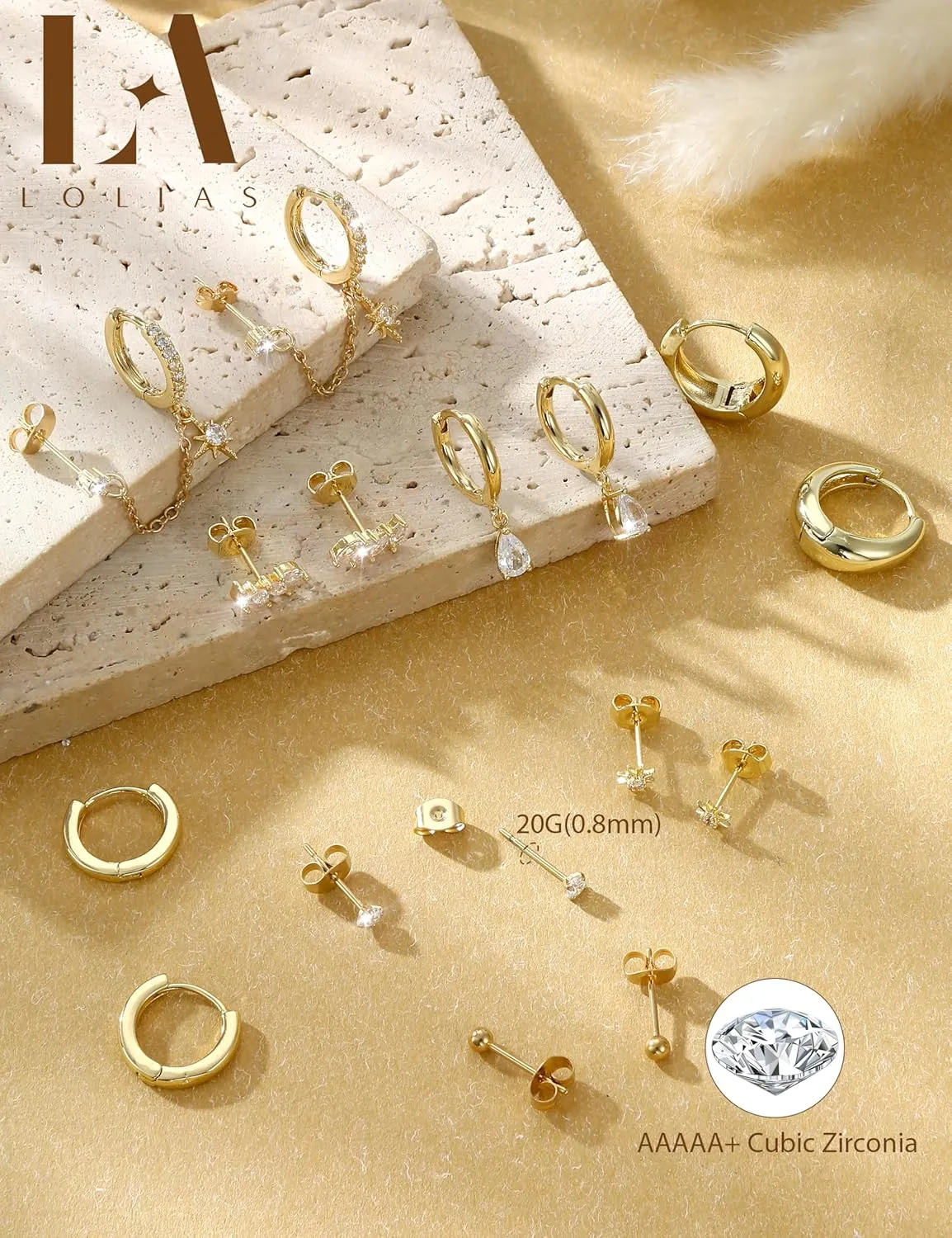 LOLIAS Gold Hoop Stud Earring Stacks for Women - 14K Gold Plated Chain Cartilage Earrings Cute Hypoallergenic Silver Huggie Earrings Sets for Multiple Piercing Jewelry Lightweight 8Pairs