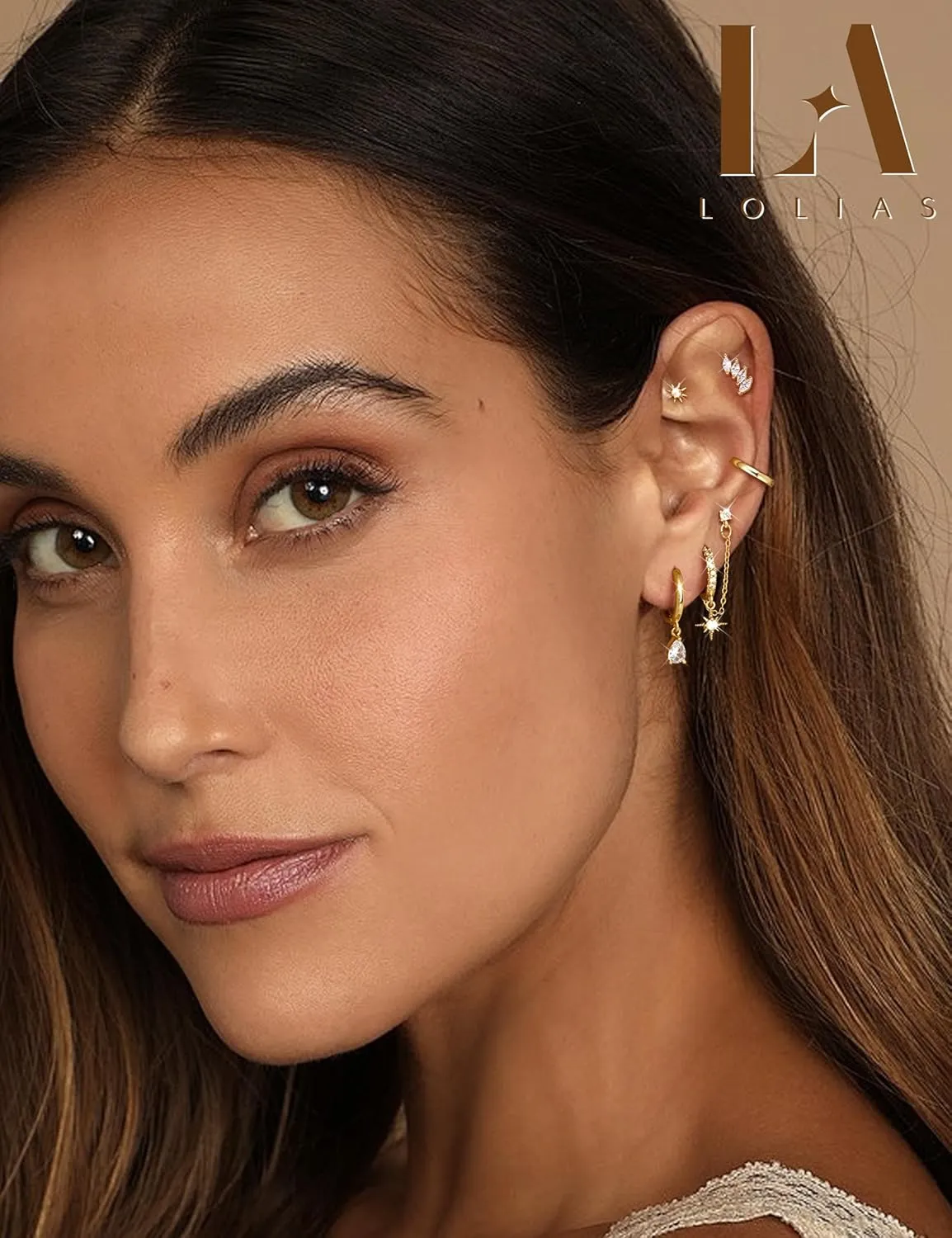 LOLIAS Gold Hoop Stud Earring Stacks for Women - 14K Gold Plated Chain Cartilage Earrings Cute Hypoallergenic Silver Huggie Earrings Sets for Multiple Piercing Jewelry Lightweight 8Pairs