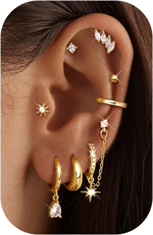 LOLIAS Gold Hoop Stud Earring Stacks for Women - 14K Gold Plated Chain Cartilage Earrings Cute Hypoallergenic Silver Huggie Earrings Sets for Multiple Piercing Jewelry Lightweight 8Pairs