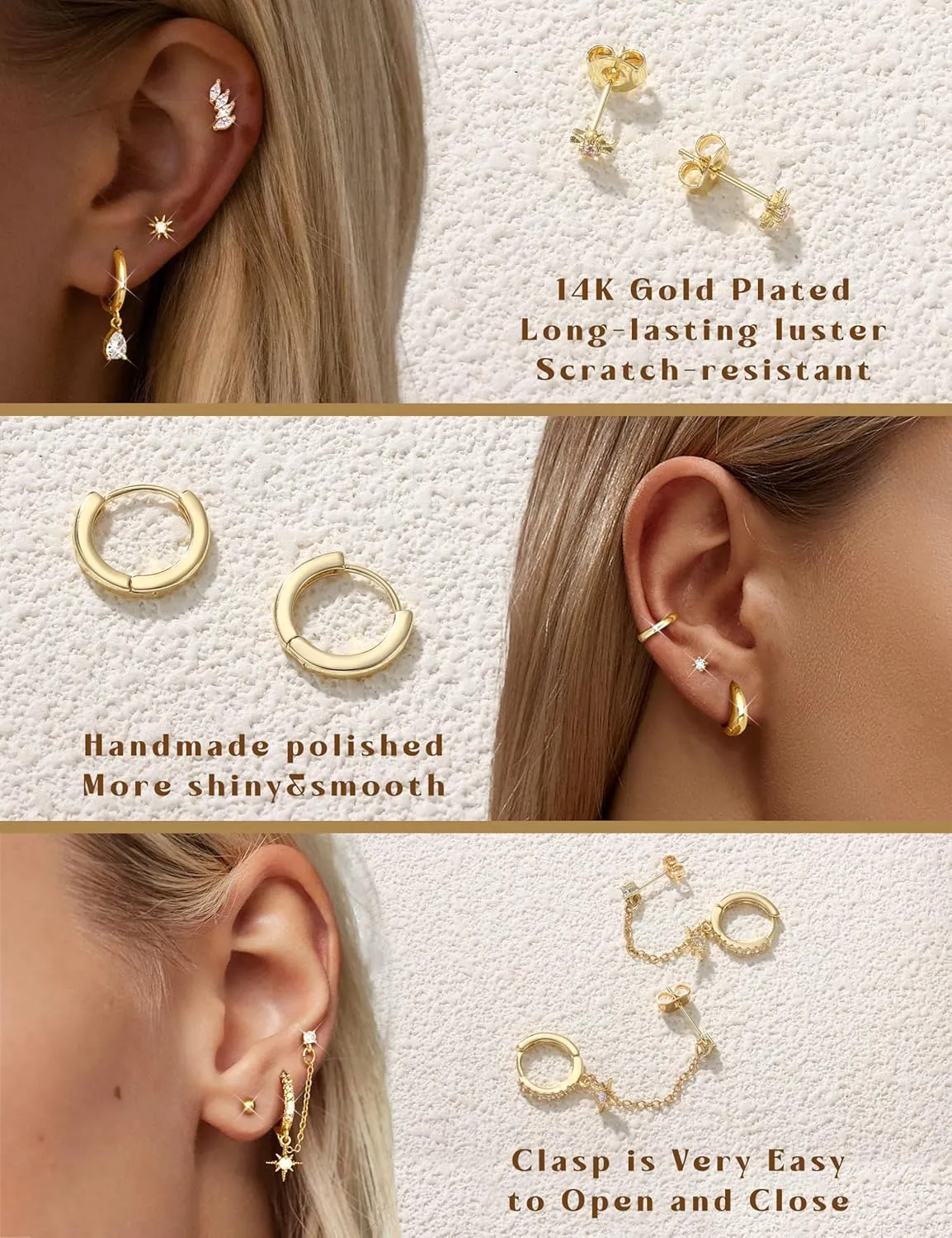 LOLIAS Gold Hoop Stud Earring Stacks for Women - 14K Gold Plated Chain Cartilage Earrings Cute Hypoallergenic Silver Huggie Earrings Sets for Multiple Piercing Jewelry Lightweight 8Pairs