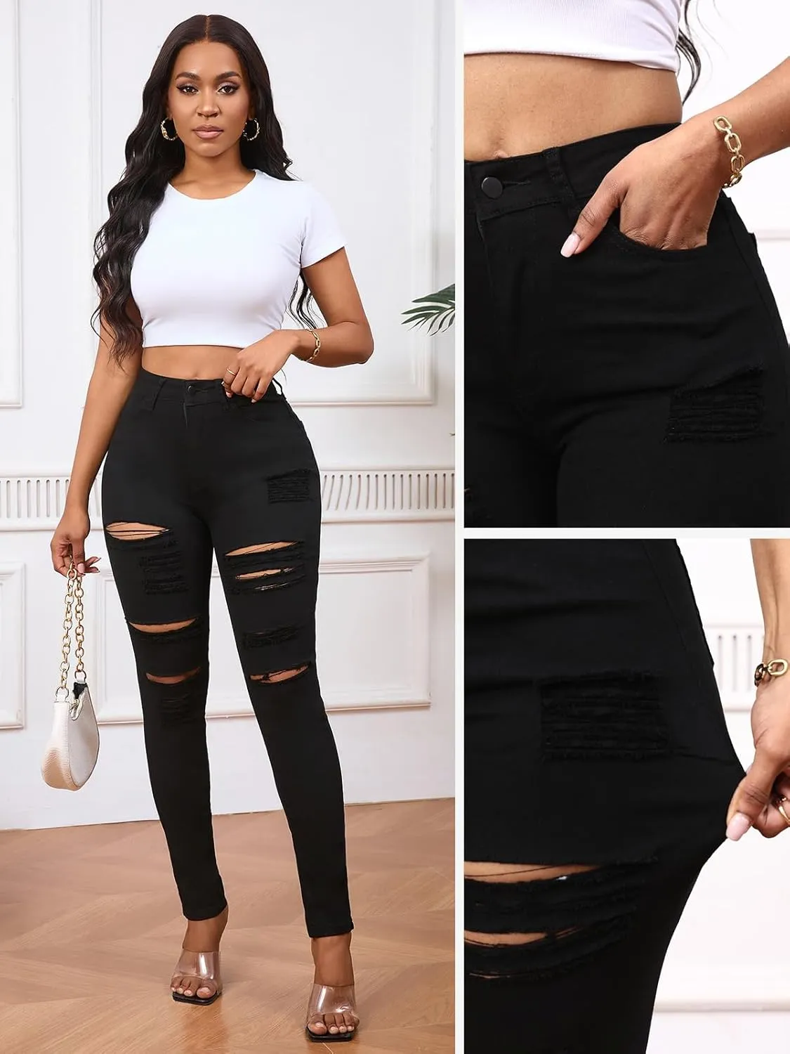 LONGBIDA Skinny Ripped Jeans for Women High Waisted Stretch Butt Lifting Jeans Slim Fit Distressed Denim Pants Jeggings Jeans