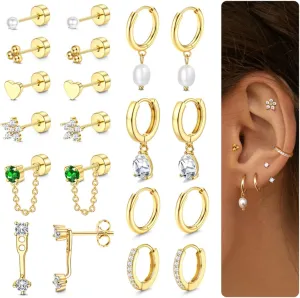 LOYALLOOK 10Pairs Hypoallergenic Flat Back Earrings Cartilage Earring Sets for Multiple Piercing 20G Stainless Steel Earrings Gold Stud Small Hoop Earrings Stacks Flatback Stud Earrings