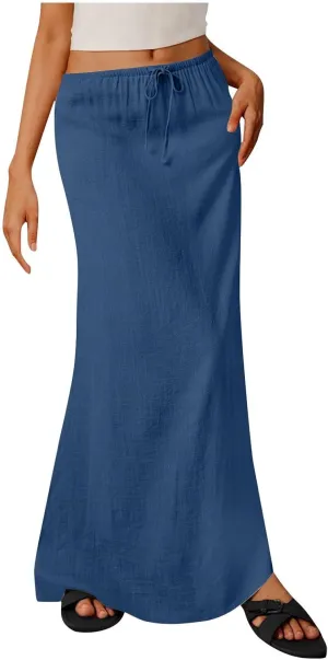Maxi Skirts for Women Summer Design Cotton Linen Long Skirts Boho Casual Flowy Skirts Drawstring Waist A Line Skirts