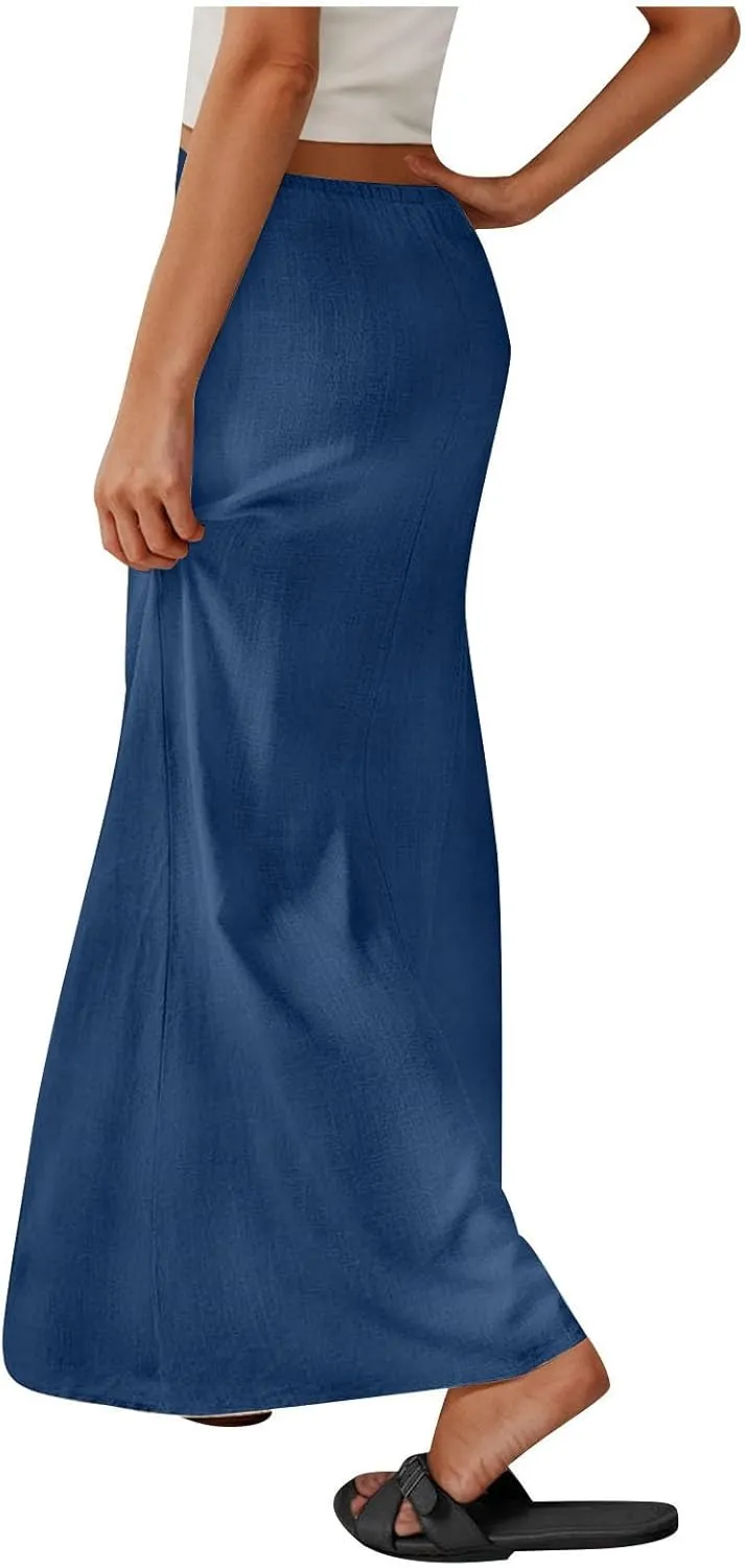 Maxi Skirts for Women Summer Design Cotton Linen Long Skirts Boho Casual Flowy Skirts Drawstring Waist A Line Skirts