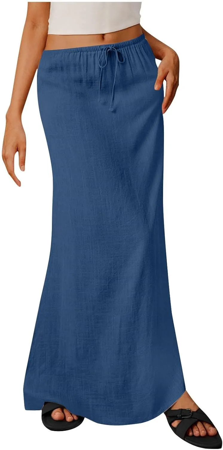 Maxi Skirts for Women Summer Design Cotton Linen Long Skirts Boho Casual Flowy Skirts Drawstring Waist A Line Skirts