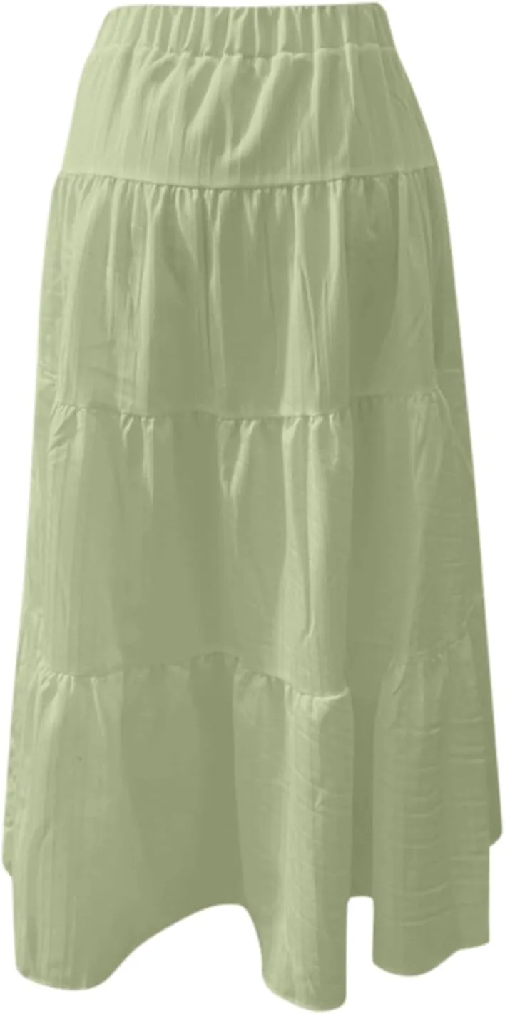 Maxi Skirts for Women with Pockets Cotton Linen Casual Boho Ruffled Tiered Long Skirt Flowy Summer Beach Skorts