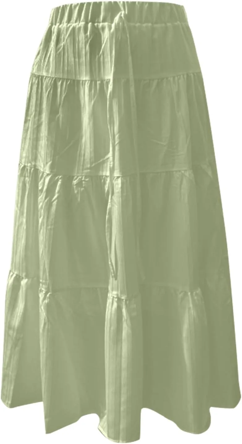 Maxi Skirts for Women with Pockets Cotton Linen Casual Boho Ruffled Tiered Long Skirt Flowy Summer Beach Skorts
