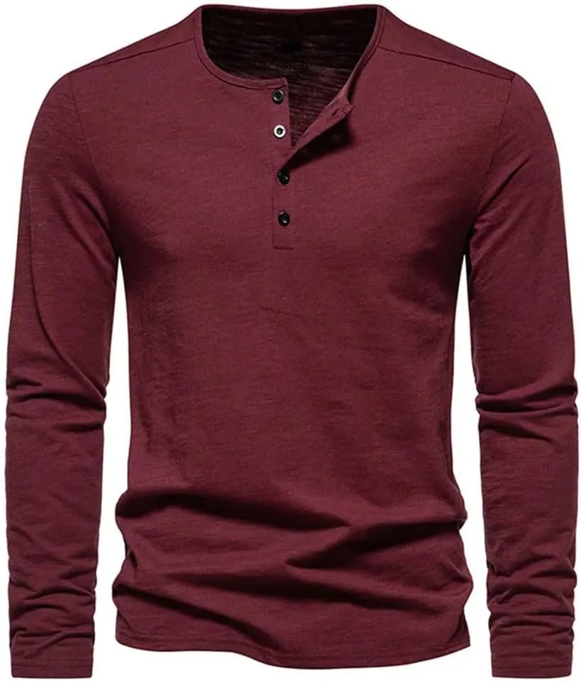 Men Long Sleeved Sweatshirt Cotton Slim Fit Bottoming Tees Button Neck Casual Comfort Top