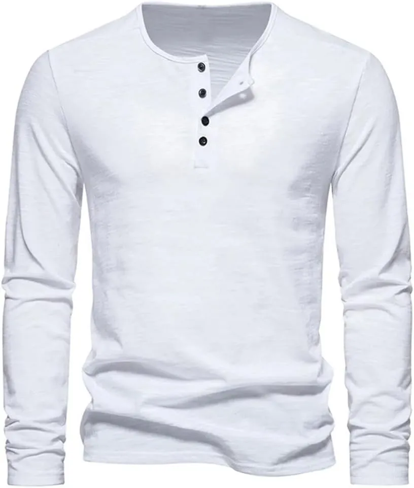 Men Long Sleeved Sweatshirt Cotton Slim Fit Bottoming Tees Button Neck Casual Comfort Top
