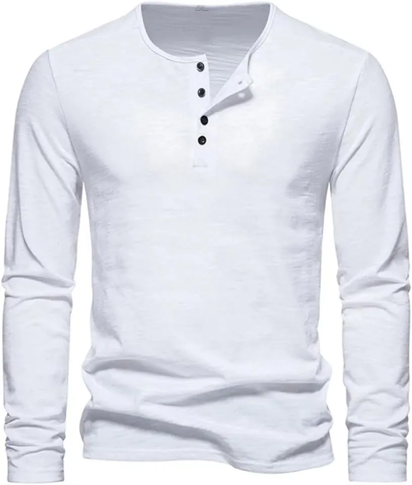 Men Long Sleeved Sweatshirt Cotton Slim Fit Bottoming Tees Button Neck Casual Comfort Top