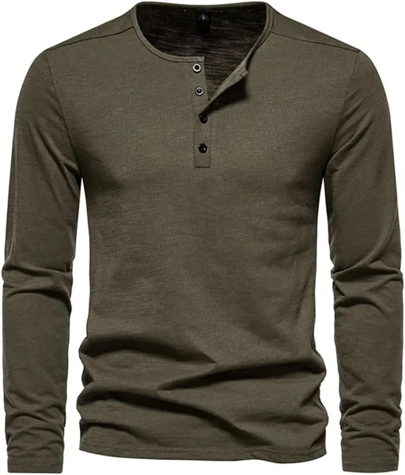 Men Long Sleeved Sweatshirt Cotton Slim Fit Bottoming Tees Button Neck Casual Comfort Top