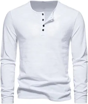 Men Long Sleeved Sweatshirt Cotton Slim Fit Bottoming Tees Button Neck Casual Comfort Top