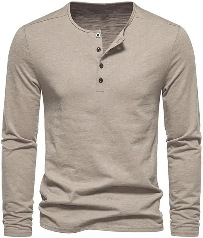 Men Long Sleeved Sweatshirt Cotton Slim Fit Bottoming Tees Button Neck Casual Comfort Top