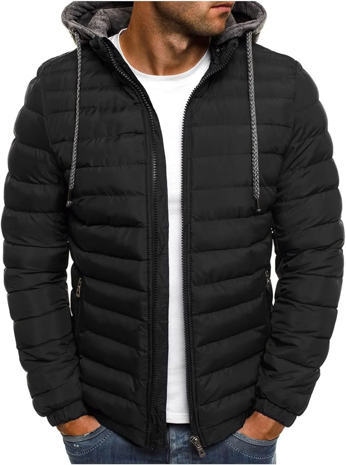 Men Snow Jackets Fall Winter Warm Cotton Padded Coat Drawstring Hooded Collar Hoodies Sweatshirt Outwear & Jackets