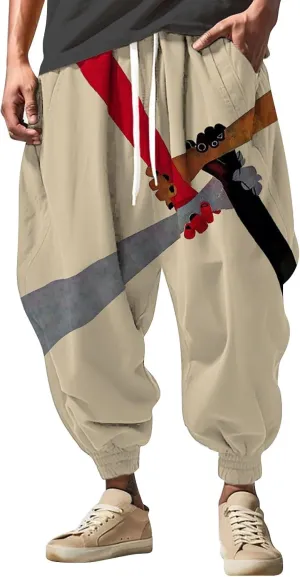 Mens All Over Print Hippie Harem Pants Hip Hop Yoga Drop Crotch Trousers Drawstring Baggy Loose Beach Aladdin Pants S-5XL A-Beige