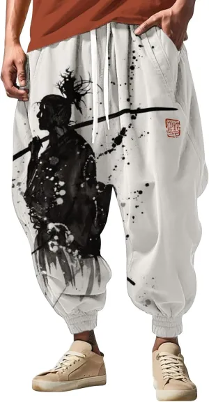 Mens All Over Print Hippie Harem Pants Hip Hop Yoga Drop Crotch Trousers Drawstring Baggy Loose Beach Aladdin Pants S-5XL A-White