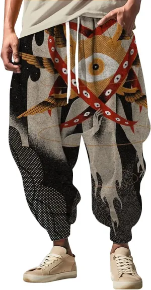 Mens All Over Print Hippie Harem Pants Hip Hop Yoga Drop Crotch Trousers Drawstring Baggy Loose Beach Aladdin Pants S-5XL B-red