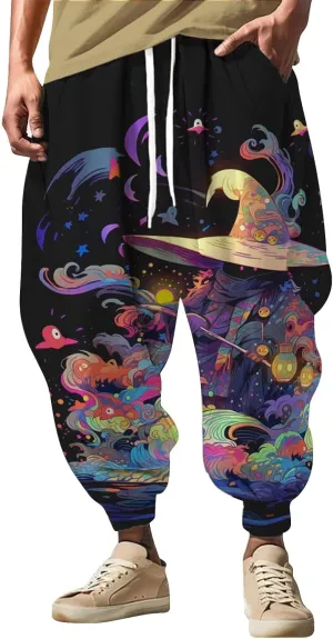Mens All Over Print Hippie Harem Pants Hip Hop Yoga Drop Crotch Trousers Drawstring Baggy Loose Beach Aladdin Pants S-5XL